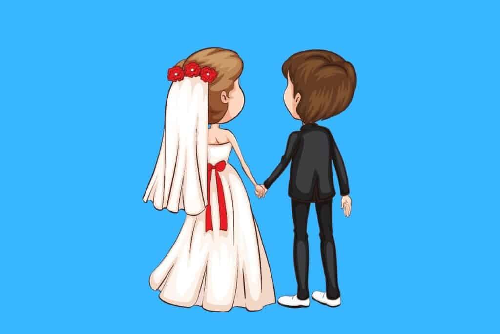 Cartoon graphic of wedding bride and groom holding hands on blue background.