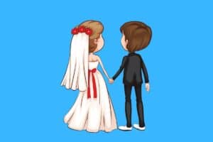 Cartoon graphic of wedding bride and groom holding hands on blue background.