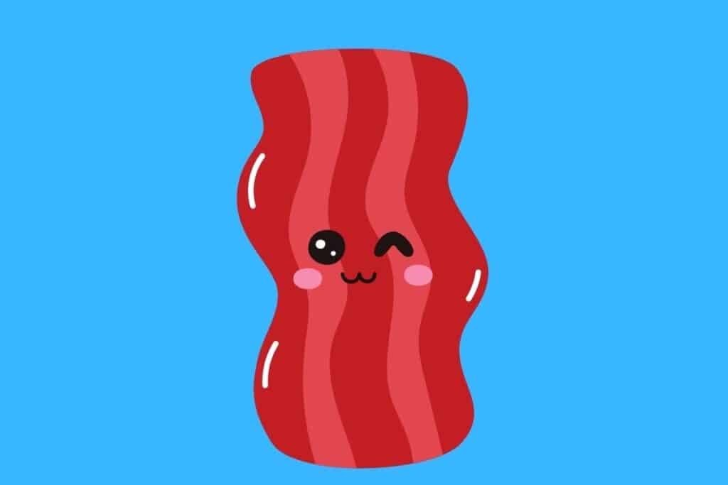 Cartoon graphic of bacon strip winkingon blue background.