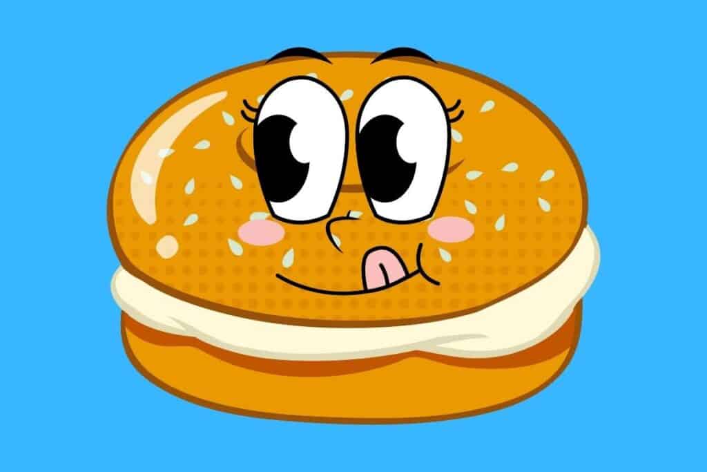 Cartoon graphic of bagel with face on blue background.