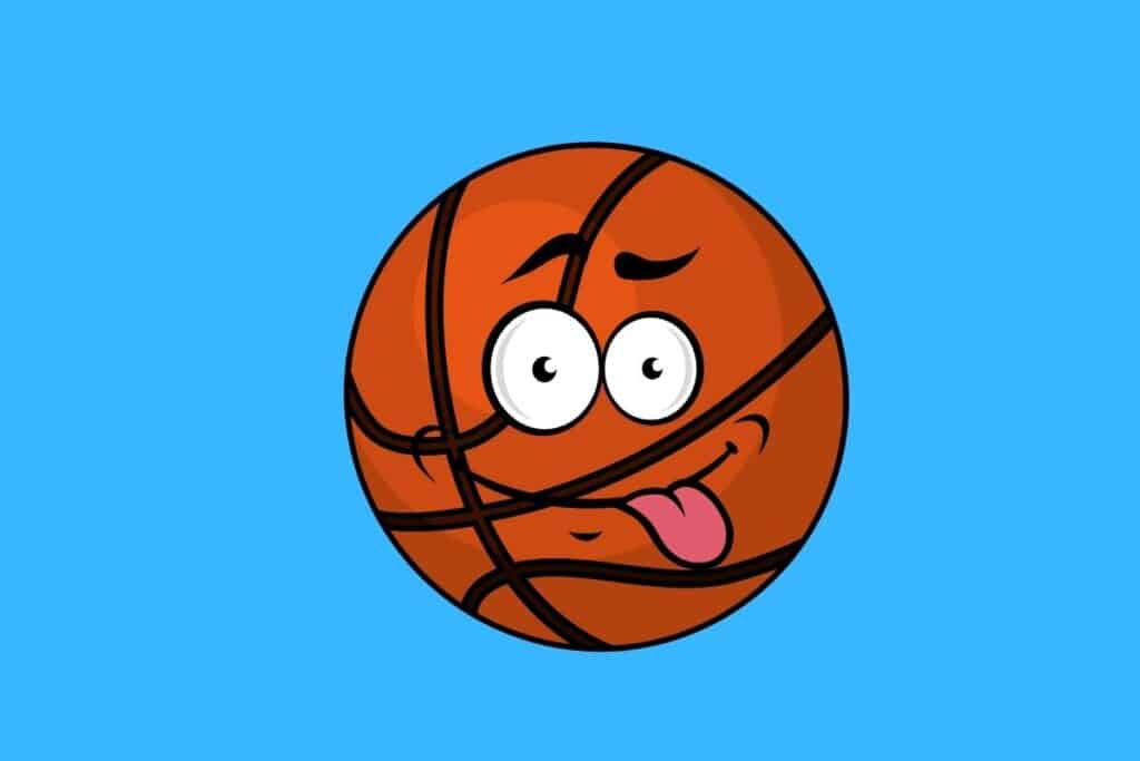 Cartoon graphic of a basketball with tongue out on blue background.