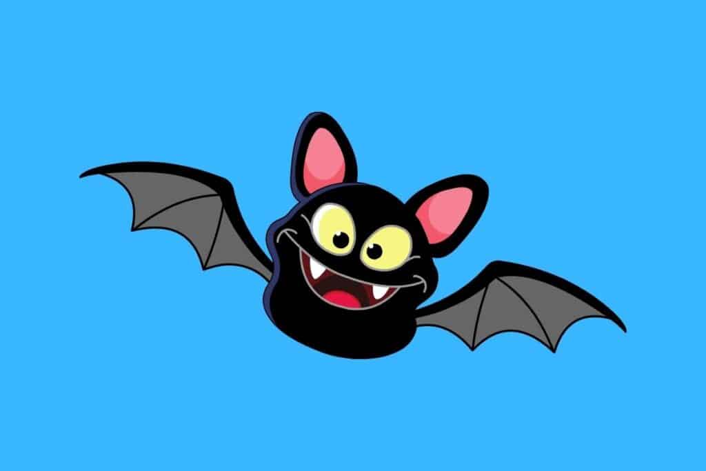 Cartoon graphic of smiling flying bat on blue background.