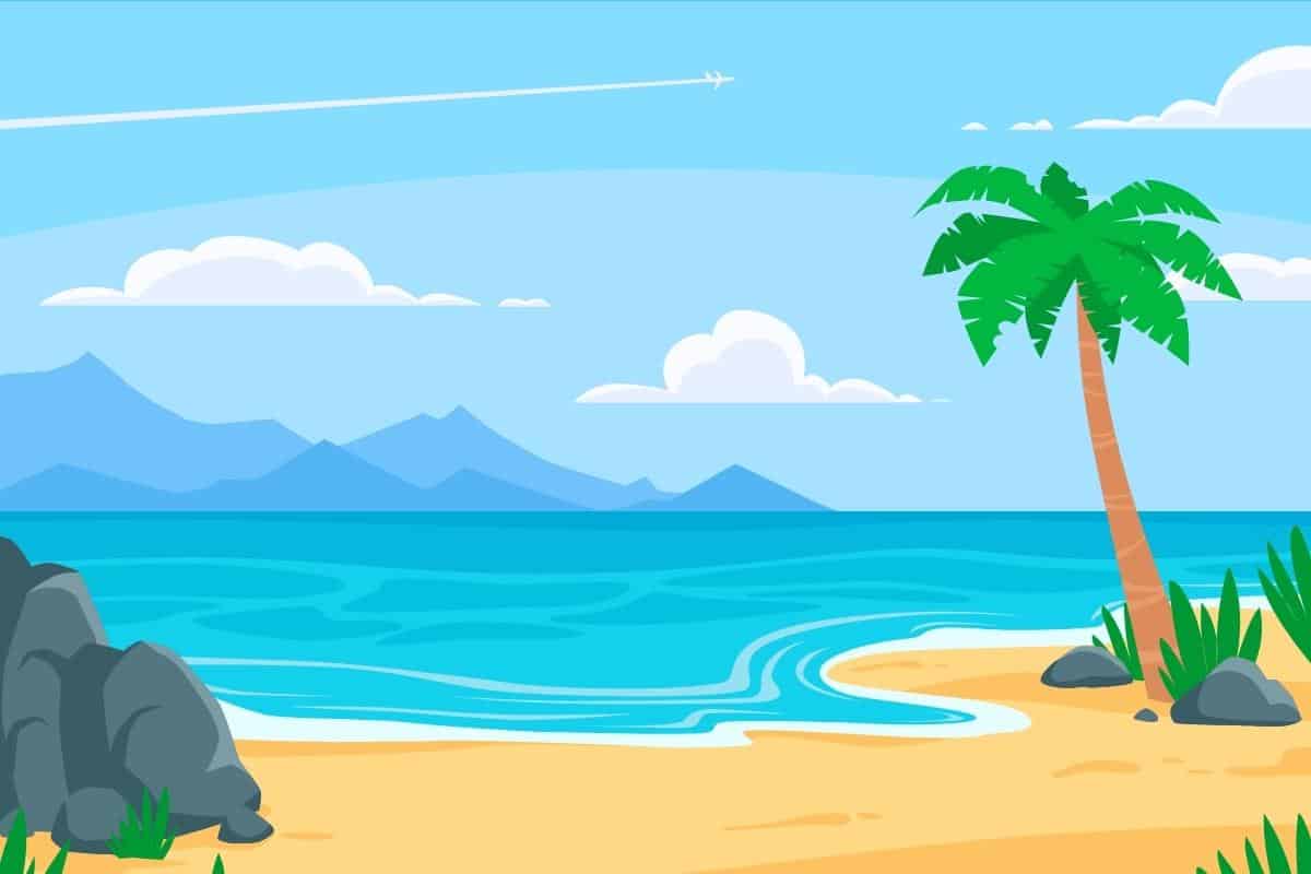 Cartoon graphic of blue ocean and beach with palm tree.