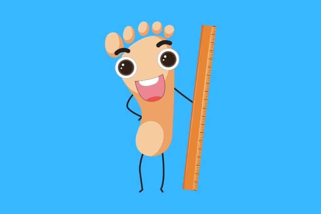 Cartoon graphic of foot with face holding a ruler on blue background.