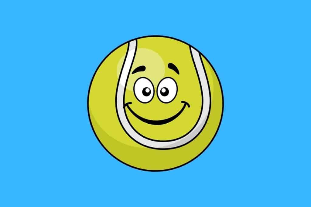 Cartoon graphic of smiling tennis ball on blue background.
