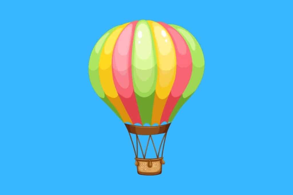 Cartoon graphic of hot air balloon on blue background.