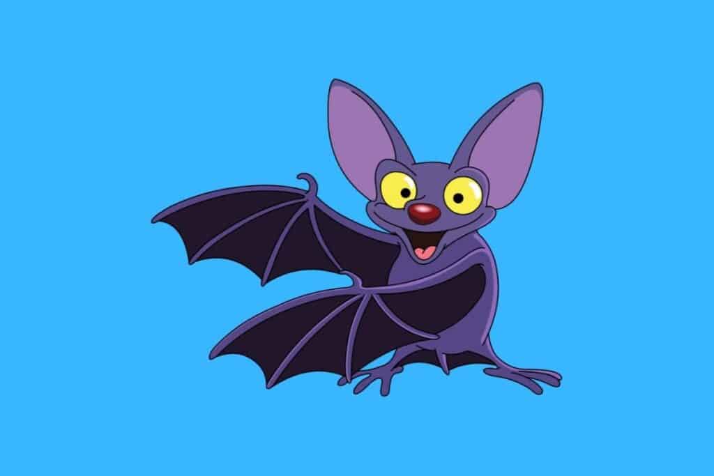 Cartoon graphic of happy bat on blue background.