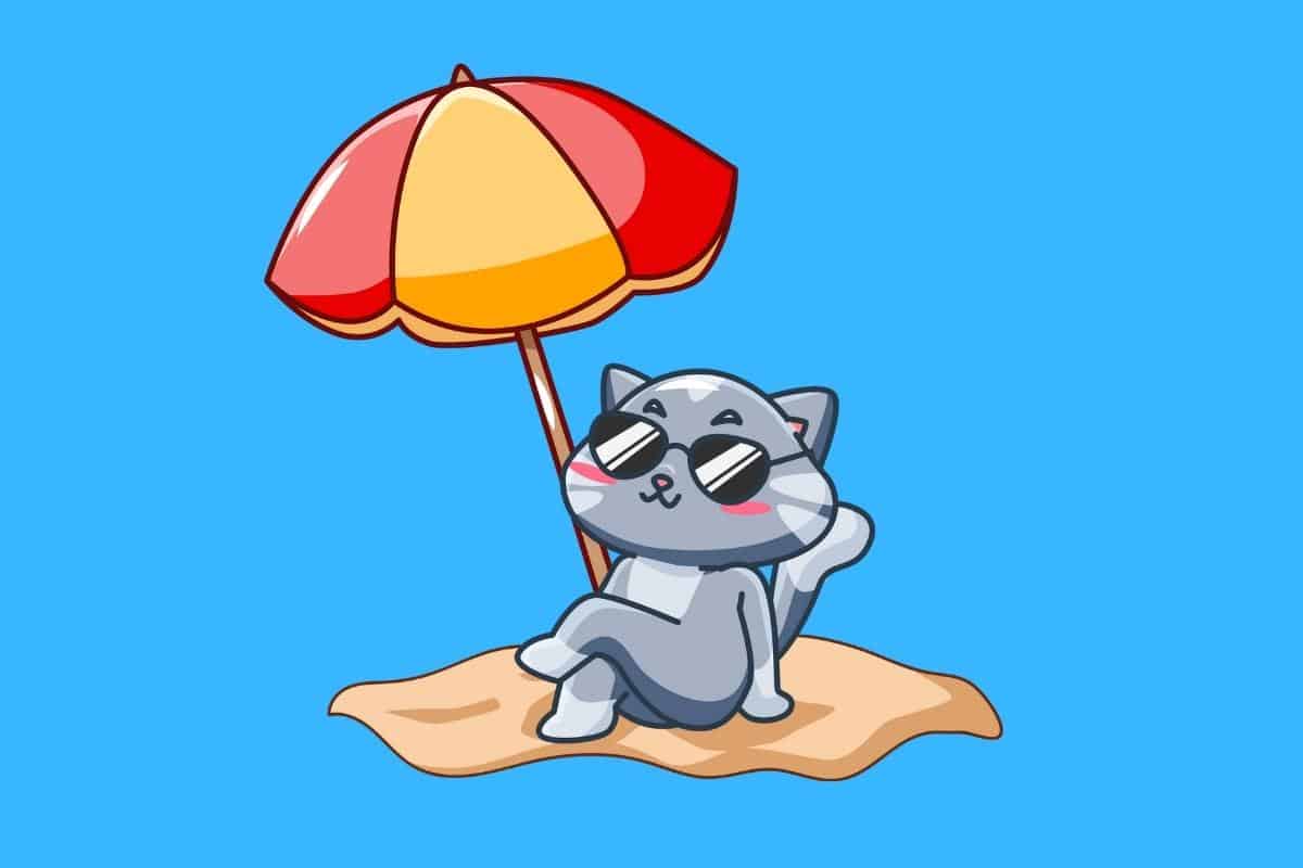 Cartoon graphic of sunbathing cat under an umbrella on blue background.