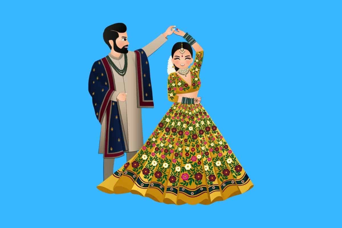 Cartoon graphic of indian bride and groom on blue background.