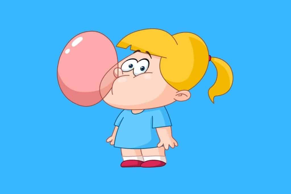 Cartoon graphic of girl blowing pink bubble gum on blue background.