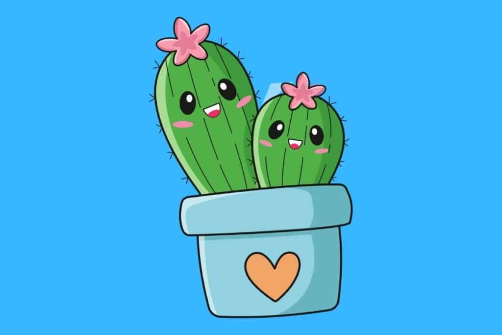 Cartoon graphic of cactus and child cactus in pot on blue background.