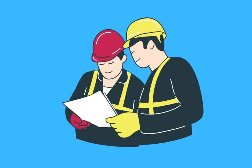 Cartoon graphic of engineers looking at plans on blue background.