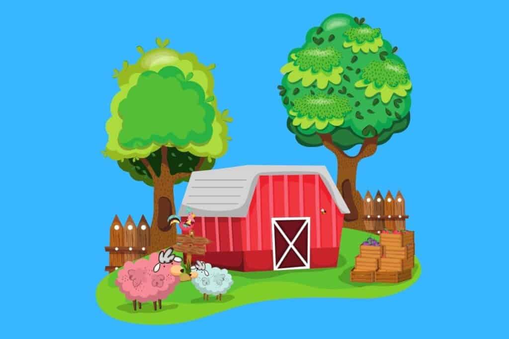 Cartoon graphic of farm barn and animalson blue background.