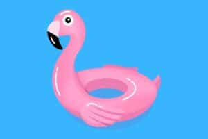 Cartoon graphic of blow-up flamingo balloon on blue background.