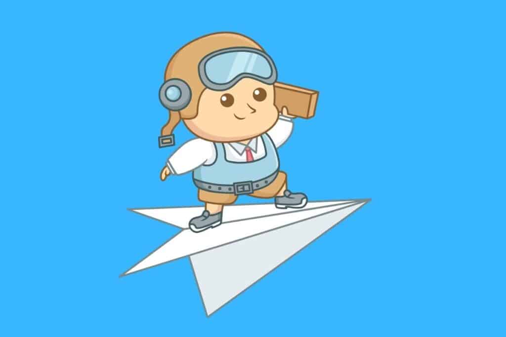 Cartoon graphic of kid flying on a paper airplane on blue background.