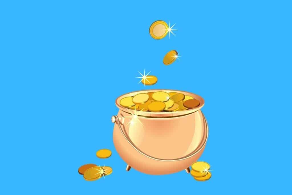 Cartoon graphic of pot of gold coins on blue background.