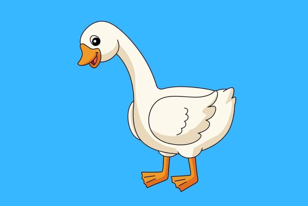 Cartoon graphic of happy white goose on blue background.