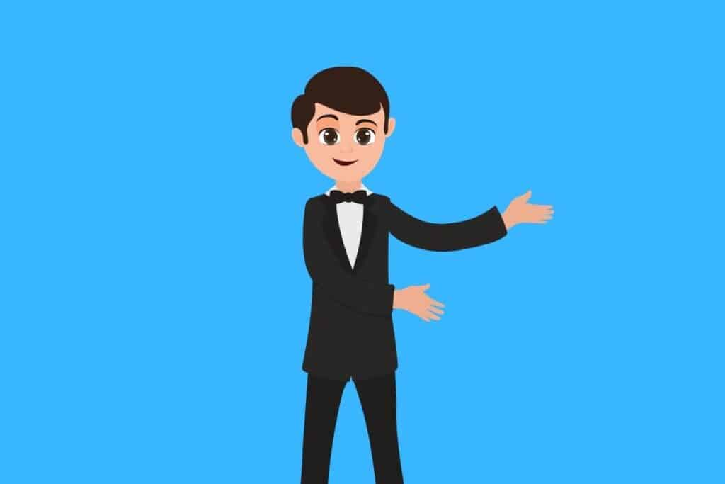 Cartoon graphic of groom with hands to the side on blue background.