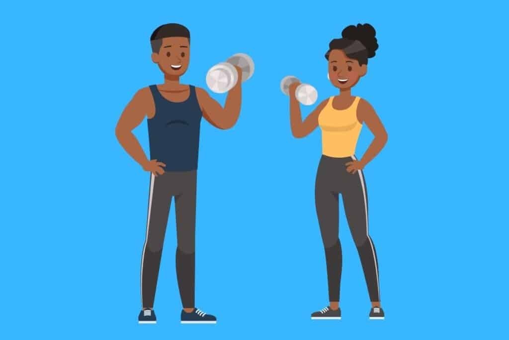 Cartoon graphic of couple lighting weights on blue background.
