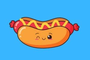 Cartoon graphic of hot dog with a winking face on blue background.