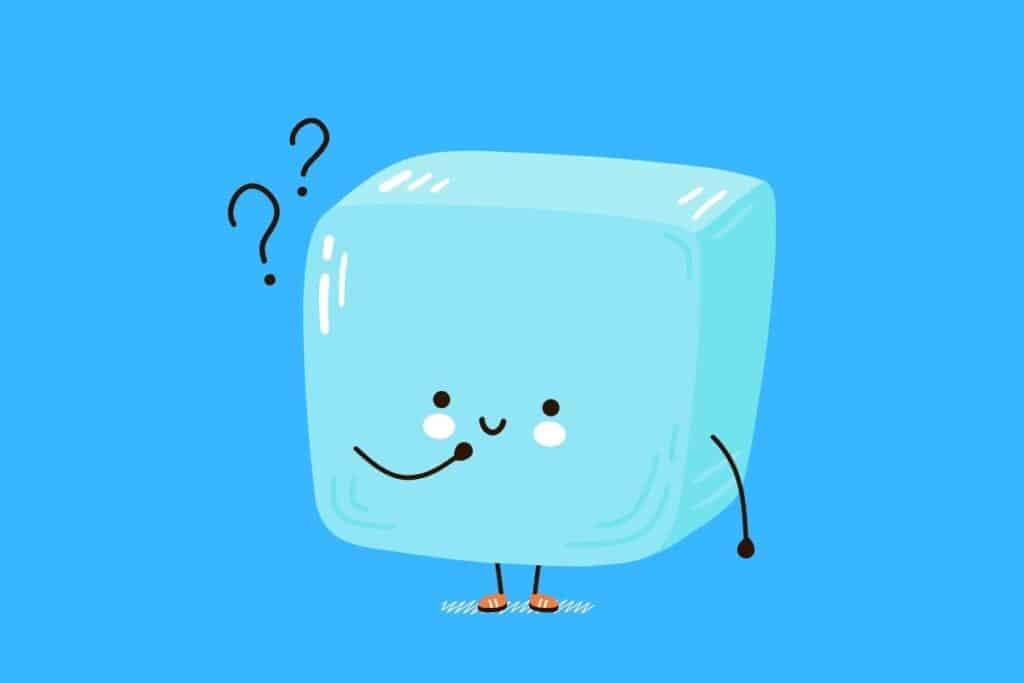 Cartoon graphic of confused block of ice on blue background.
