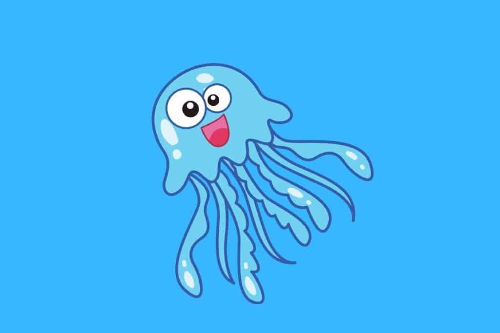 Cartoon graphic of smiling blue jellyfish on blue background.