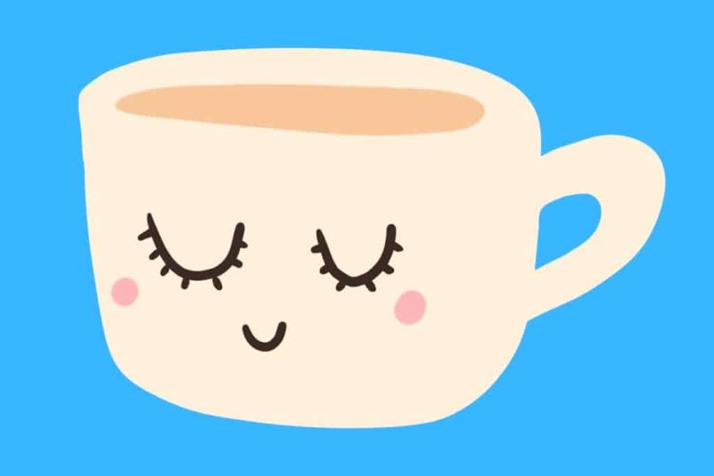 Cartoon graphic of cute blushing latte cup on blue background.