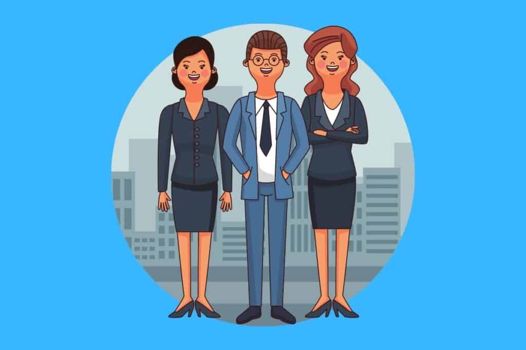 Cartoon graphic of 3 lawyers smiling on blue background.
