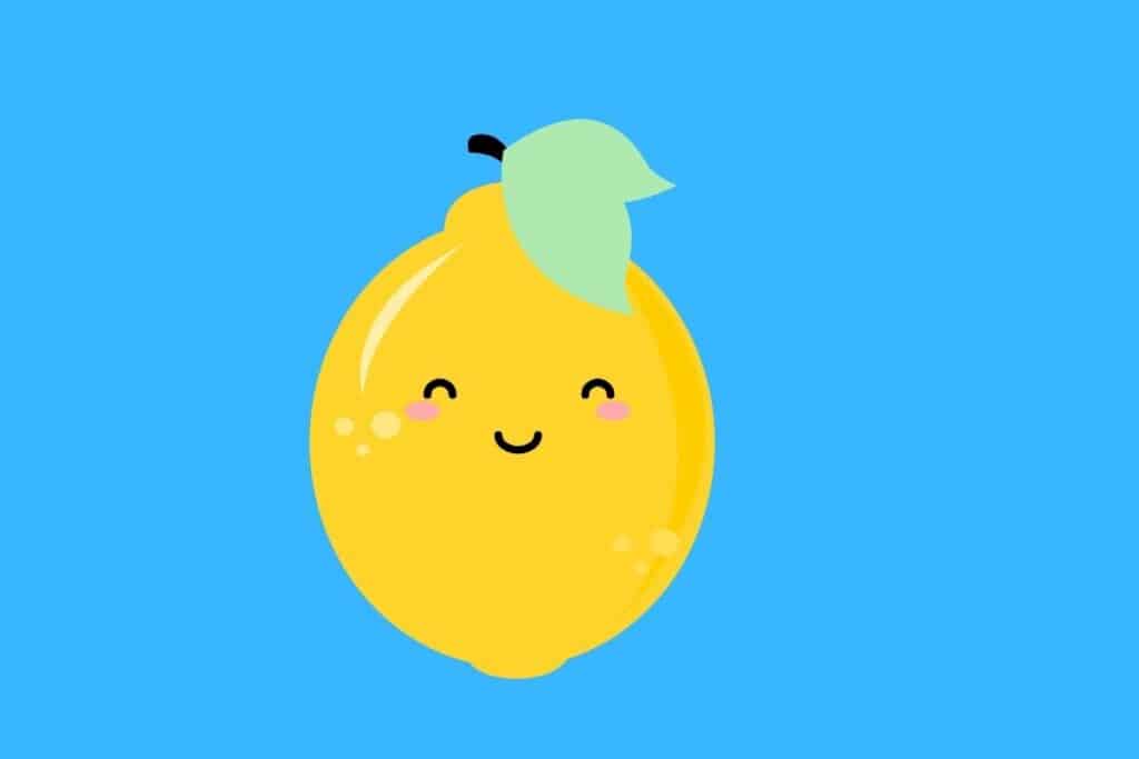 Cartoon graphic of smiling lemon on blue background.