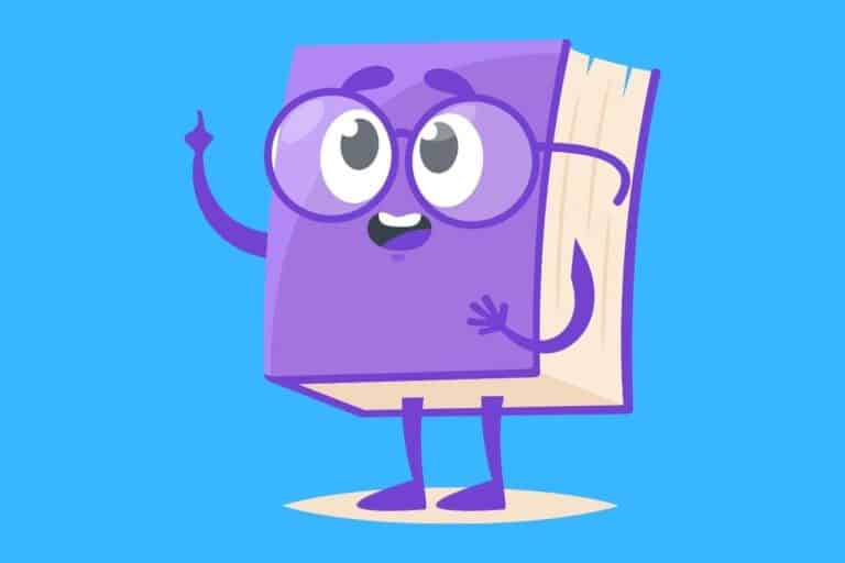 Cartoon graphic of purple book raising its hand on blue background.