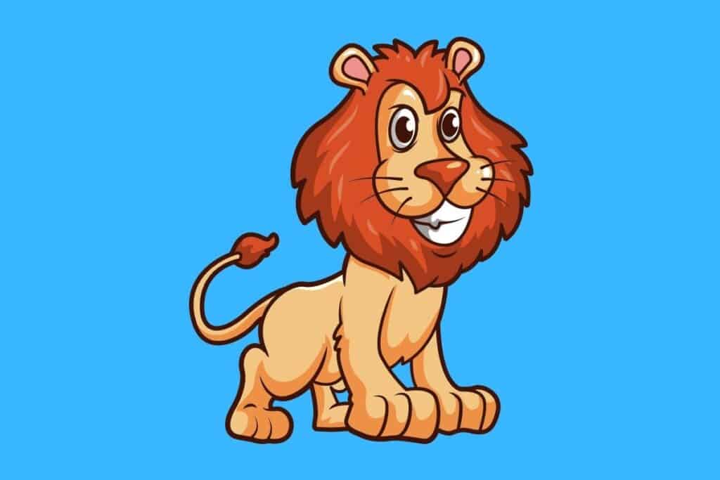 Cartoon graphic of smiling male lion on blue background.