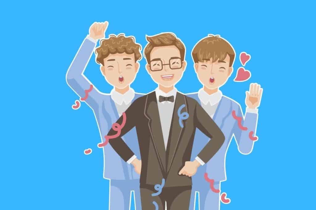 Cartoon graphic of 3 wedding people on blue background.
