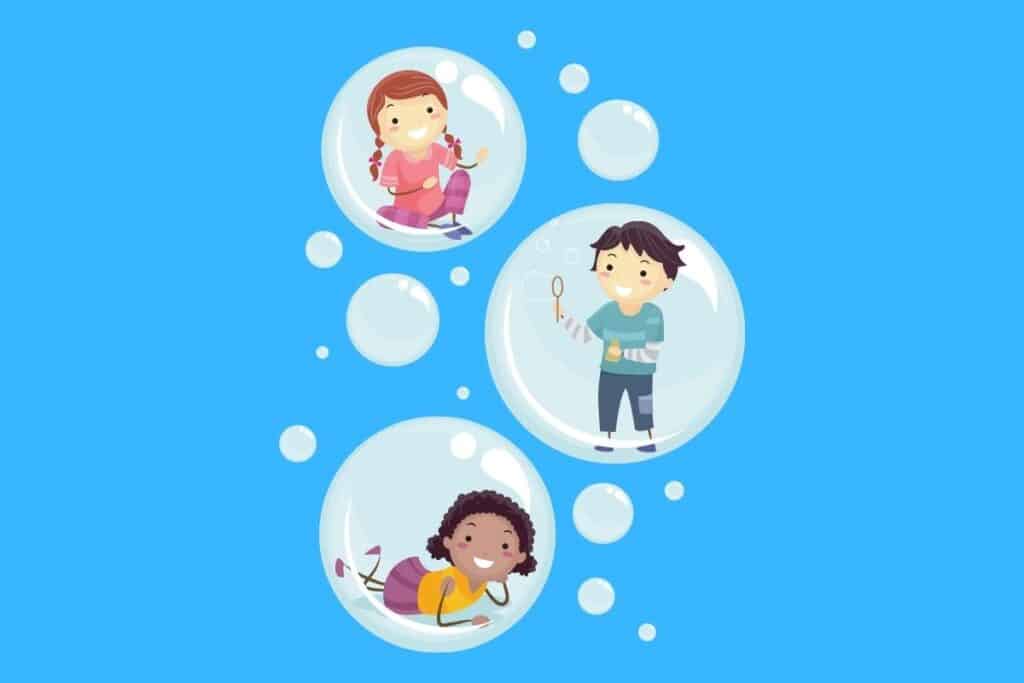 Cartoon graphic of 3 kids inside bubbles on blue background.