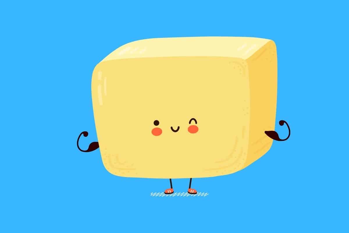 Cartoon graphic of block of butter with winking face showing muscles on blue background.