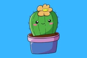 Cartoon graphic of smiling cute cactus on blue background.