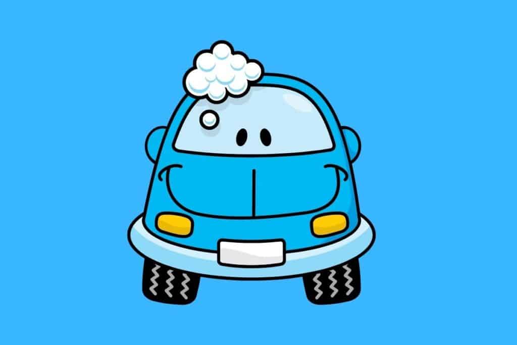 Cartoon graphic of blue car with soap on blue background.