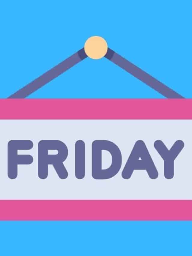 Cartoon graphic of sign saying friday on blue background.