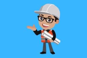 Cartoon graphic of smiling engineer holding plans on blue background.