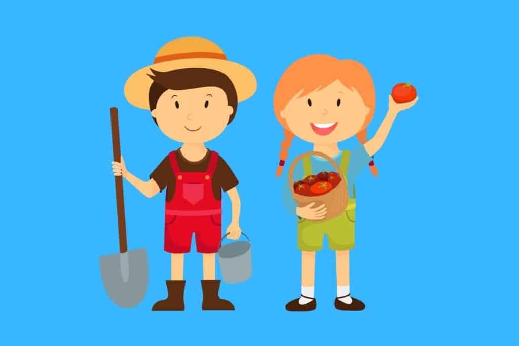 Cartoon graphic of farm couple with tomatoes and shovel on blue background.