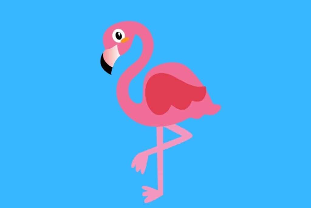 Cartoon graphic of pink flamingo on blue background.