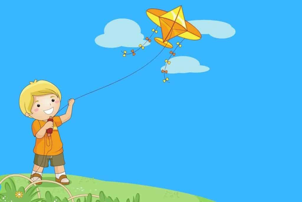 Cartoon graphic of boy flying a kite on blue background.