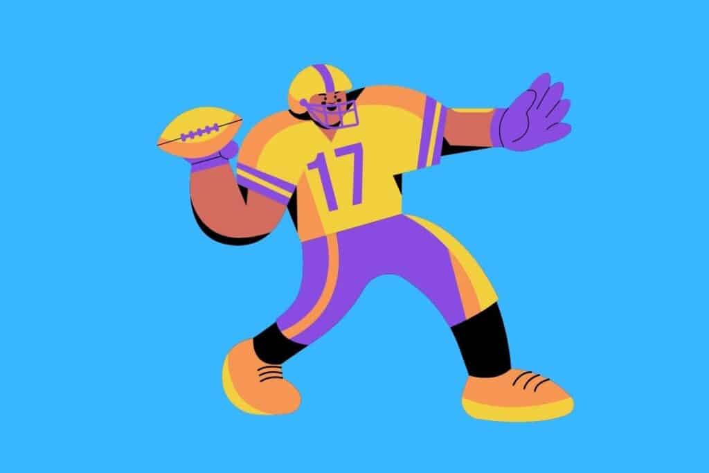 Cartoon graphic of football player about to throw the ball on blue background.