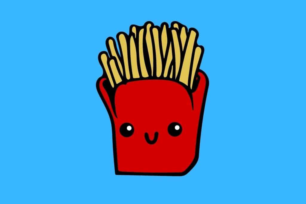 Cartoon graphic of packet of red fries smiling on blue background.