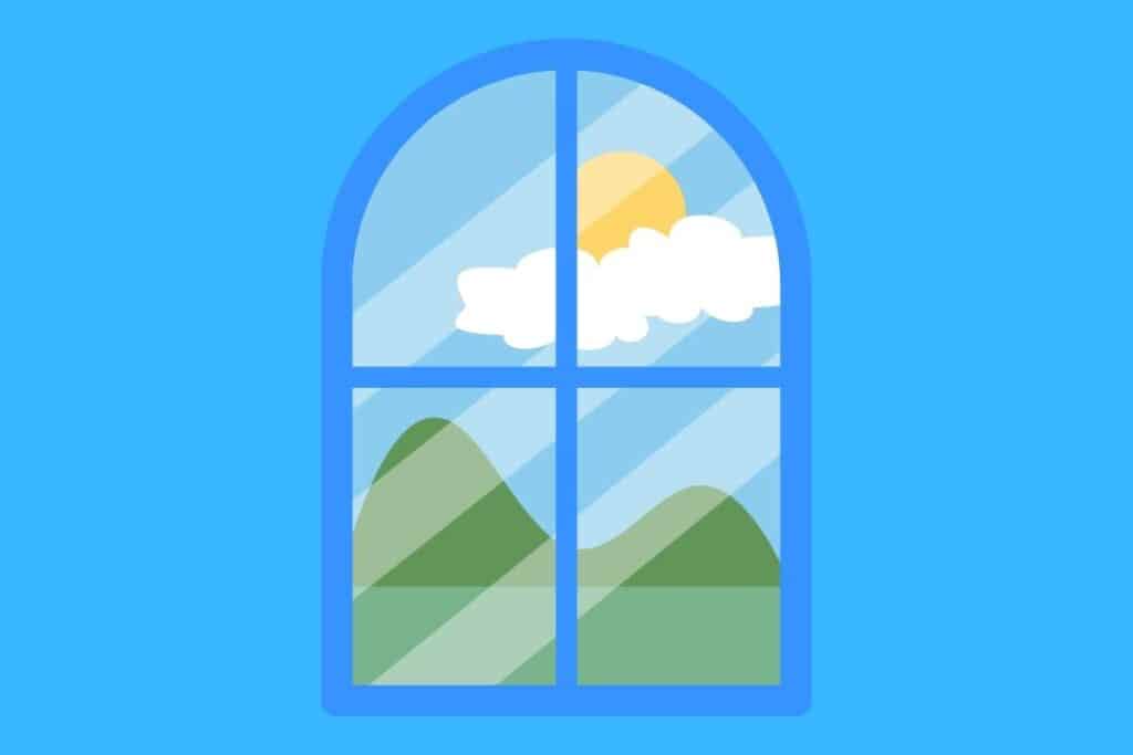 Cartoon graphic of window of glass with sun and hills outside on blue background.