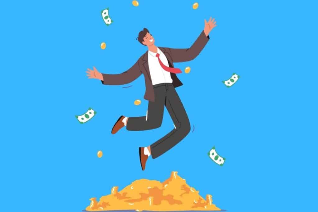 Cartoon graphic of man jumping on gold and money on blue background.