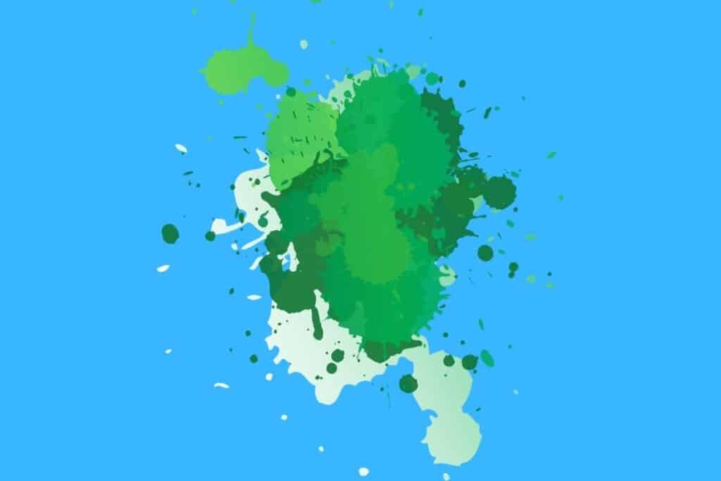 Cartoon graphic of green paint blobs on blue background.