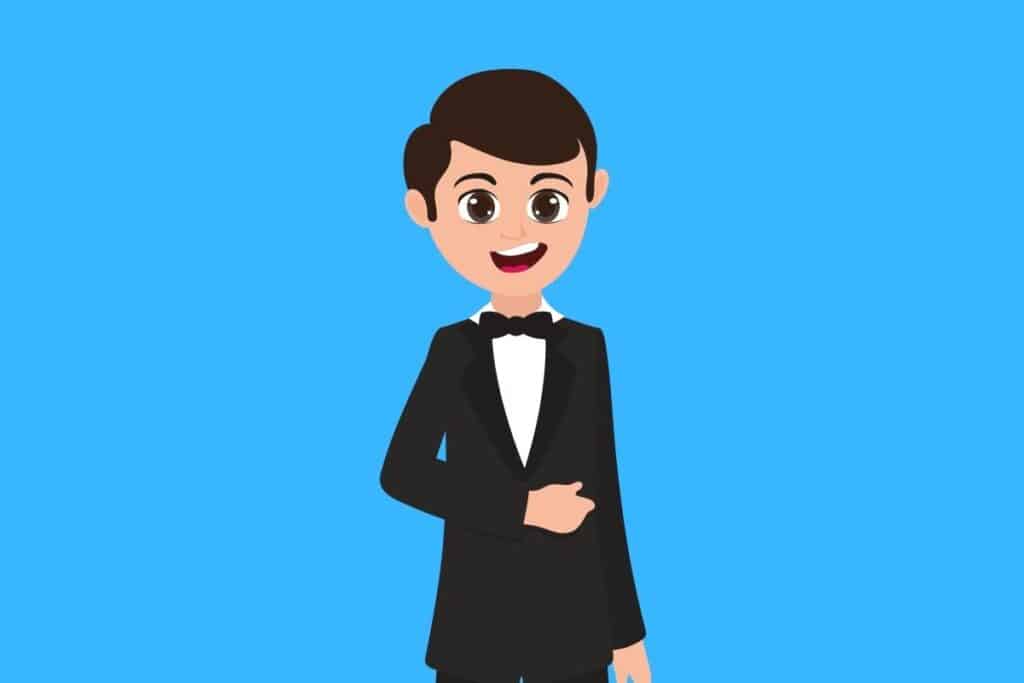 Cartoon graphic of groom holding his side on blue background.