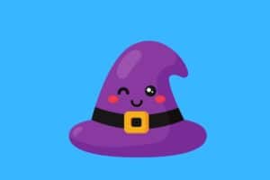 Cartoon graphic of witch hat with a winking face on blue background.
