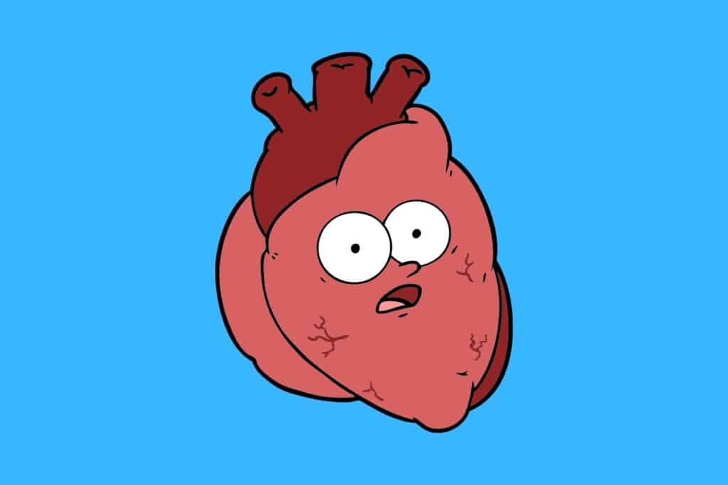 Cartoon graphic of human heart with surprised face on blue background.