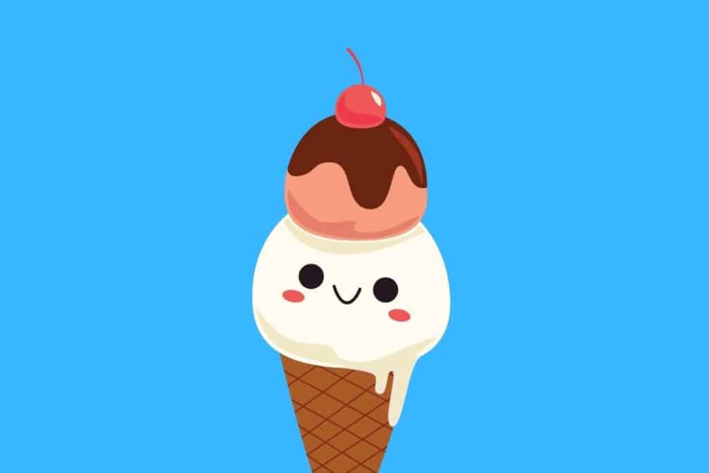 Cartoon graphic of smiling ice cream cone with cherry on top on blue background.